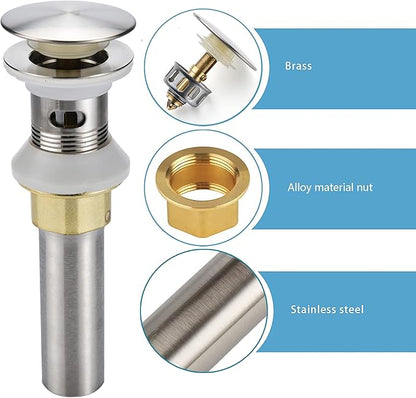 Bathroom Sink Drain,Drain Stopper Bathroom Sink with Overflow,Pop Up Drain Assembly with Detachable Strainer Basket,Built-in Anti-Clogging Strainer,Stainless Steel Brushed Nickel