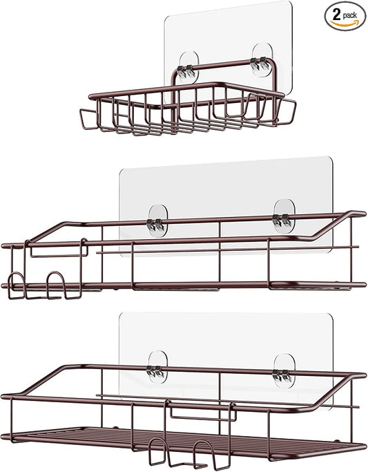 Nieifi Shower Caddy Shelf with Hooks Storage Rack Organizer Adhesive Stainless Steel without Drilling for Bathroom, Lavatory, Washroom, Restroom, Shower, Toilet, Kitchen (Brown, 3 Pack)