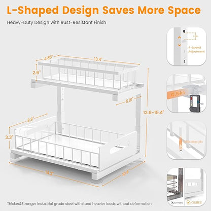 2 Pack Under Sink Organizer, Heavy Duty Metal Slide Out Sink Shelf Organizer Height Adjustable, Multi-Purpose Storage Shelf for Kitchen Bathroom (White,2Pack)