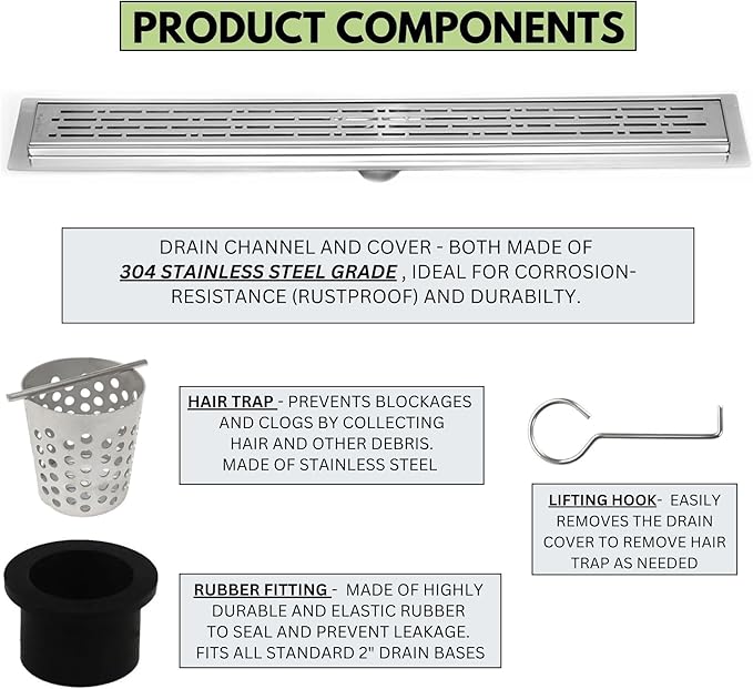 SereneDrains 304 Stainless Steel 36 Inch Linear Polished Chrome Shower Drain Kit Broken Lane Linear Shower Drains for Tile Floor Long Hair Catcher Strainer Cover Bathroom (Polished Chrome, 35 Inch)