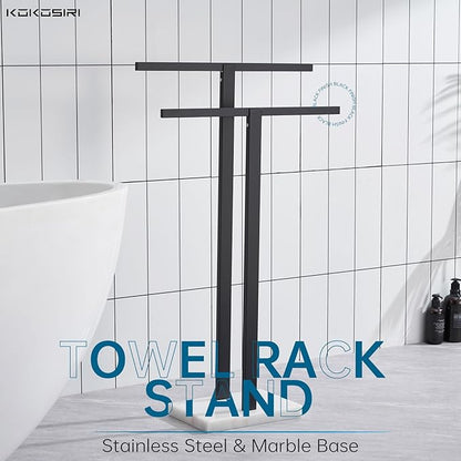 KOKOSIRI Bathroom Towel Racks 2-Tier Standing Towel Bars with Marble Base, Stainless Steel Freestanding Towels Holder, Thicken Steady Design, Matte Black THS0003-BK