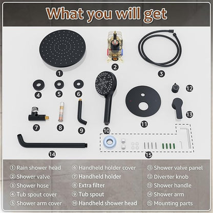 Iriber Mattle Black Bathtub Shower Faucet Set，Bathroom Shower System with Tub Spout ，Filtered Shower Head with Handheld, 9 Spray Mode Showerhead,Shower Valve Trim Kit Contain Cartridge,10 Inch