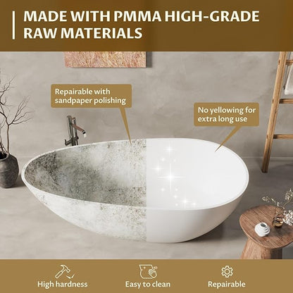 67 in Solid Surface Freestanding Bathtub, Contemporary Oval Shape Soaking Tub, Egg Shell Stone Resin Stand Alone Bathtub With Pop-Up Drain and Overflow, Cupc Certified,Matte White