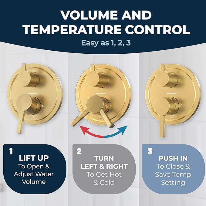 HammerHead Showers Solid Metal Two-Handle Shower Valve and Trim Kit, Volume and Temperature Control with Integrated Diverter, Pressure Balance Rough-In Valve Included, Brushed Gold