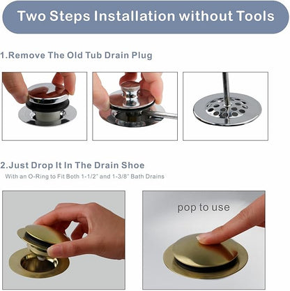 Gold Brushed Tub Drain Stopper,Universal Pop Up Bath Drain Plug Bathtub Drain Stopper,Hidrop Conversion Kit Assembly,Replaces Lift and Turn,Tip-Toe Plug Stopper for Tub,EZ Install(Gold Brushed)