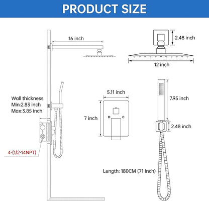12 Inch Luxury Rain Shower Faucet Set, Brushed Gold Shower System with Rainfall Shower Head and Handheld Spray, SUS304 Stainless Steel and Solid Brass Wall Mounted Shower Valve Trim Kit