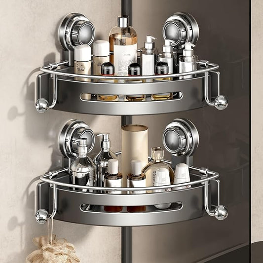 VOLPONE Corner Shower Caddy Suction Cup Shower Shelf Corner No Drilling Bathroom Shower Organizer Storage Rack Adhesive (2-Pack, Gray)