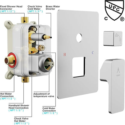Shower System Modern Rain Brass Faucet Set With Valve and Diverter Shower Mixer With Handheld High Pressure Square Rainfall Shower Valve (12'' Wall Mount, Brushed Nickel)