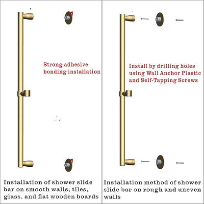 RRAJJ Shower Slide bar That is Installed by pasting or Punching Holes，Adjustable Height 28 inch of All SUS304 Stainless Steel Shower Head Holder(All Stainless Steel-Brushed Gold)