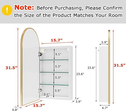 FKWin Arched Gold Bathroom Medicine Cabinet with Mirror, Left or Right Opening, Bathroom Mirror with Storage, Surface Mount Medicine Cabinet not Recessed, Gold, 16x32 inch