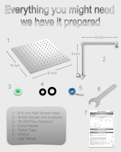 All Metal Rain Shower Head, 10'' High Pressure Rainfall Square Showerhead with 16" Shower Head Extension Arm, Brass Adjustable Shower Arm Extender, Waterfall fixed Showerheads, Chrome