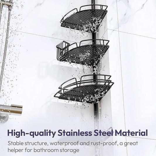 SWTYMIKI Shower Caddy Tension Pole - 4-Tier Corner Shower Organizer Tension Rod, Toothbrush Holder & 4 Hooks, Adjustable Stainless Steel Bathroom Organizer 27.6 to 108.3 inch, Black with Towel Bar