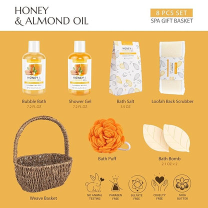 Bath Spa Gift Basket, Bath & Body Gift Set for Women & Men, Includes Shower Gel, Bubble Bath, Bath Salt, Bath Sponge, Spa Gift Box for Mother's Day, Birthday, Wedding, Honey & Almond 8pcs