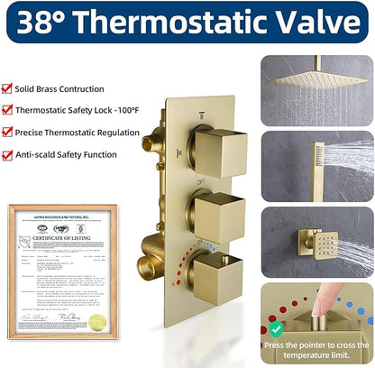 HOMEDEC 3 Way Shower Diverter Valve, Water Diverter with Temperature Control, Shower Mixing Valve with 3 Square Knobs, Brushed Gold
