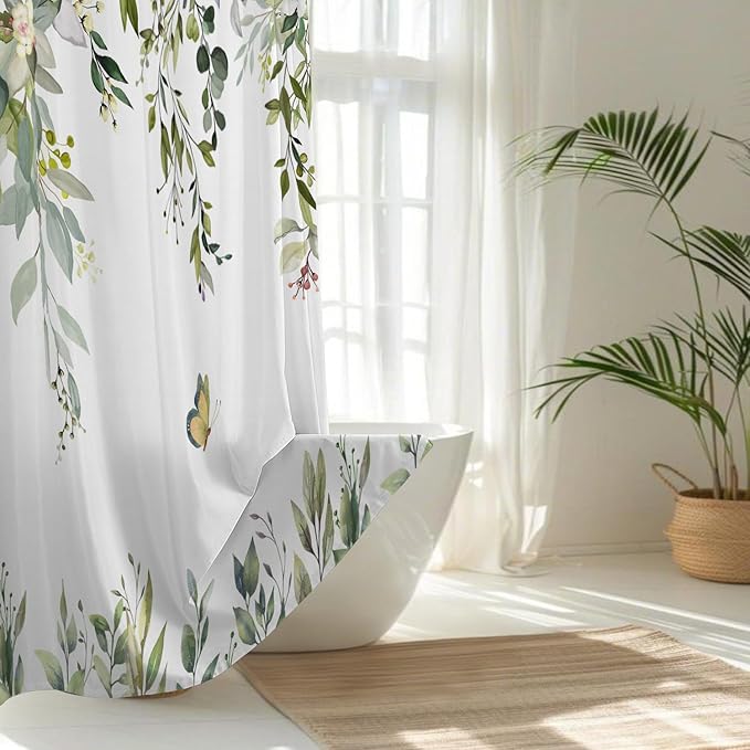 No Hook Shower Curtain and Liner Set, Sage Green Eucalyptus Floral Shower Curtains for Bathroom, Bath Curtain Sets with Snap in Liner, Waterproof with See Through Top Window, 71x77 Inches