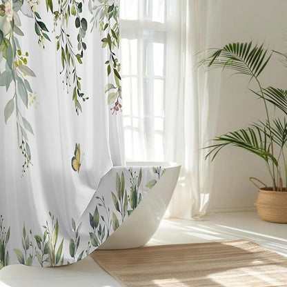 No Hook Shower Curtain and Liner Set, Sage Green Eucalyptus Floral Shower Curtains for Bathroom, Bath Curtain Sets with Snap in Liner, Waterproof with See Through Top Window, 71x84 Inches