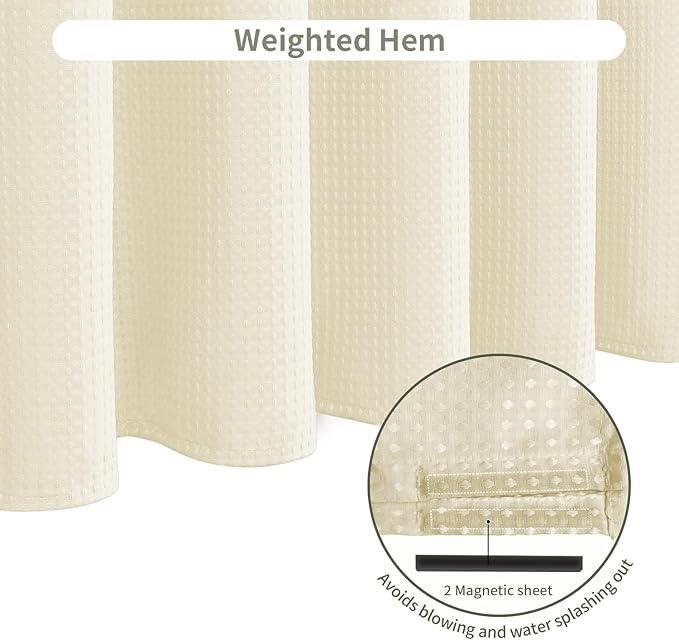 Inhousolu Fabric Shower Curtain Waffle Weave, 230 GSM Heavy Duty, Weighted Hem, 14 Metal Hooks, Water Repellent, Machine Washable, Hotel Spa Luxury Bath Curtain Set, 72 x 72 Inch, Ivory