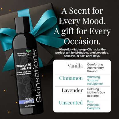 Sweet Vanilla Body & Massage Oil by Skinsations – Lightweight, Non-Greasy Body Oil for Relaxing Home Massage & Moisturized Skin – 8oz