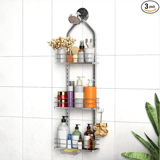 Shower Caddy Hanging (Silver), Adjustable Anti-Swing-Over The Shower Head Caddy, 3 Tier Height Bathroom Storage Organizer, Bathroom Shelves Basket Rack, Shower Caddies Rack with Adjustable Soap Basket