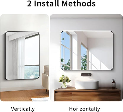 BONEWEI 30x40 inch Bathroom Mirror,Black Rectangle Mirror,Wall Mounted Bathroom Frame Vanity Mirror with Round Corner for Bedroom Living Room, Entryway Hangs Horizontal or Vertical