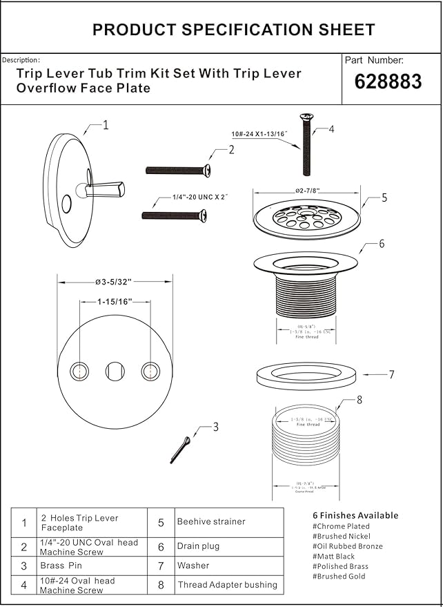 Artiwell Trip Lever Tub Trim Kit Set with Trip Lever Overflow Face Plate, Trip Lever Bathtub Drain with Strainer, Overflow and Matching Screws (POLISHED BRASS)