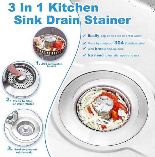 2 Pack Kitchen Sink Drain Strainer & Stopper with Basket, Stainless Steel Drain Plug Cover Catcher for Food Waste - Sink Accessories for Home or Kitchen Sink Shroom Fit US Standard 3-1/2'' Drain Hole