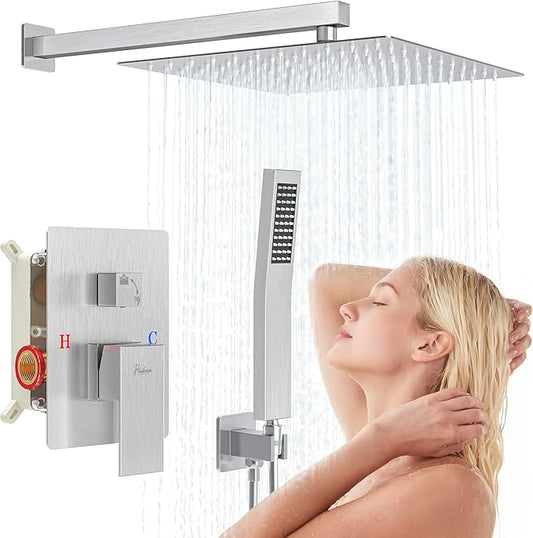 12 Inch Luxury Rain Shower Faucet Set, Brushed Nickel Shower System with Rainfall Shower Head and Handheld Spray, SUS304 Stainless Steel and Solid Brass Wall Mounted Shower Valve Trim Kit