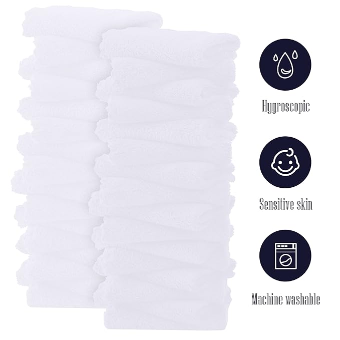 32 Pack Baby Washcloths - 10x10 Inch, Luxury Coral Fleece - Extra Absorbent and Soft Wash Clothes for Newborns, Infants and Toddlers - Suitable for Sensitive Skin and New Born - Baby Shower - White