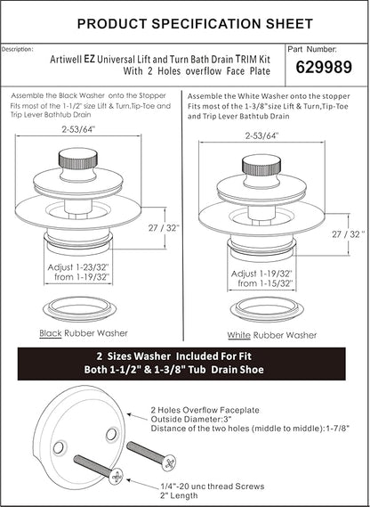 Artiwell Bath Tub Drain Trim Set Conversion Kit Assembly, With Easy Installation Lift and Turn Twist Bathdrain Stopper and Two Holes Tub Drain Overflow Faceplate,Fit Most Bath Drains, Champagne Bronze