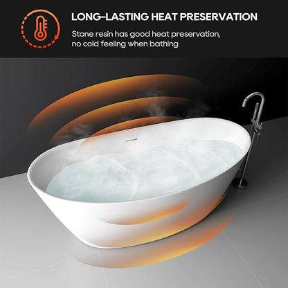 SJ STAR&JANE 61" Solid Surface Freestanding Bathtub Stone Resin Tub Oval Double Slippers Stand Alone Soaking Tub with Pop-up Drain and Overflow, Matte White