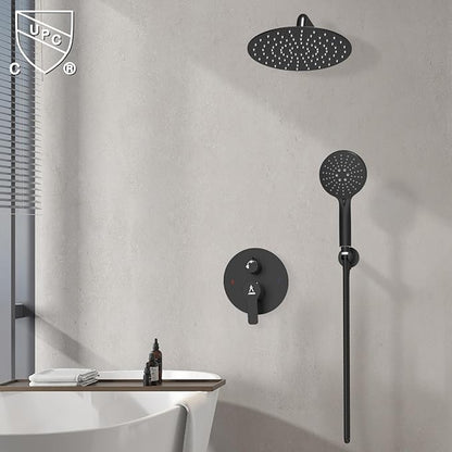 Shower Faucet Set 10IN Brass Rough-In Valve Body Trim Kit Rainfall Included Handle Accessories Complete 2 Functions with Rain Head and Handheld Bathroom Systems (10'', Matte Black)