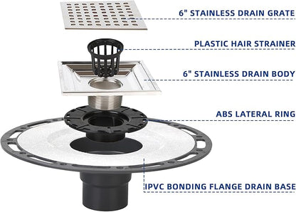 6-Inch Square Shower Drain with Bonding Flange - Durable Stainless Steel Shower Drain Flange Kit for Quick Drainage, Easy Installation, Ideal for Bathroom & Wet Area Renovations