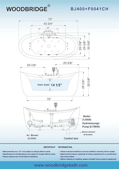 WOODBRIDGE 72" x 35-3/8" Whirlpool Water Jetted and Air Bubble Freestanding Heated Soaking Combination Bathtub wirh LED control panel and Faucet, BJ400+F0041CH