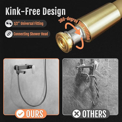 Super Flexible Gold Silicone Shower Head Extension, Kink-Free 60 Inch Handheld Rv Shower Hose Replacement, Premium Brass Material for Cleaning Pet, Bidet
