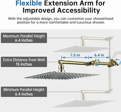 G-Promise All Metal 12 Inches Rainfall Shower Head with Handheld Spray Combo, 3 Settings Diverter, Adjustable Extension Arm with Lock Joints, 71 Inches Stainless Steel Hose (Polished Brass)
