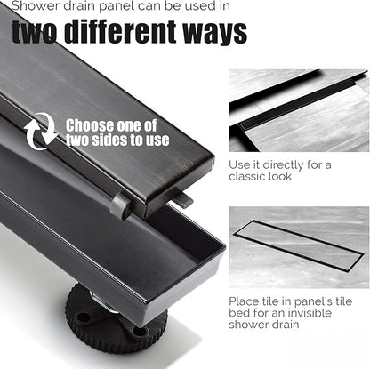 HEATGENE Linear Shower Drain 24-Inch, Stainless Steel Rectangle Shower Floor Drain with 2-in-1 Flat & Tile Insert Cover, Shower Drain with Hair Strainer, Venetian Bronze