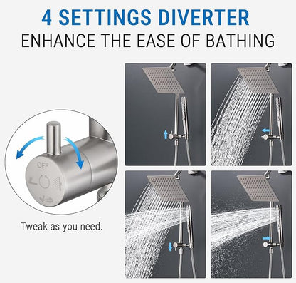 G-Promise All Metal Shower Diverter with Low Holder, Extended 13.5 Inch, 3-Way Diverter Valve with Pause Mode for Handheld and Fixed Shower Heads ∣ 4-Setting Replacement Part (Brushed Nickel)