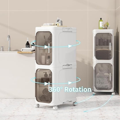 KHNR 5-Tiers Slim Bathroom Storage Cabinet, Foldable Storage Cabinets,Narrow Bathroom Storage,Movable Bathroom Storage Organizer for Small Spaces,Bathroom,Kitchen,Laundry,White