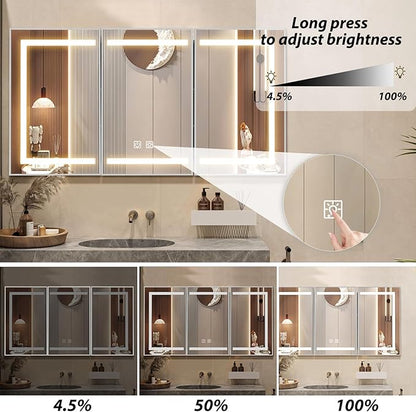APRILSOUL 60X32 Inch Silver Bathroom Medicine Cabinet with Mirror, Recessed or Surface Lighted Medicine Cabinet with 3 Colors Temperature, Dimmable Light