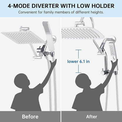 G-Promise All Metal 12 Inch Shower Head with Massage Mode Handheld, Rain Shower Head with Handheld Spray Combo, 3-Way Diverter with Pause Setting, 13 Inch Adjustable Extension Arm (Polished Chrome)