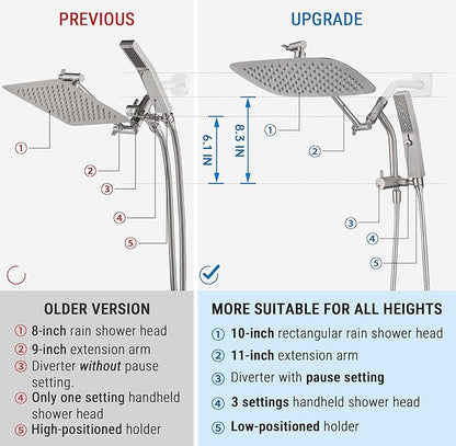 G-Promise All Metal 10 Inch Shower Head with Massage Mode Handheld, Rain Shower Head with Handheld Spray Combo, 3-Way Diverter with Pause Setting, 11 Inch Adjustable Extension Arm (Brushed Nickel)