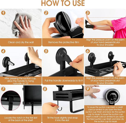 Shower Caddy Suction Cup, 15.8 inch 2 Pack Suction Shower Shelf with Hooks NO-Drilling Bathroom Holder, Rustproof Bathroom Organizer, Black,Includes 2 Extra Suction Cups for Replacement Use