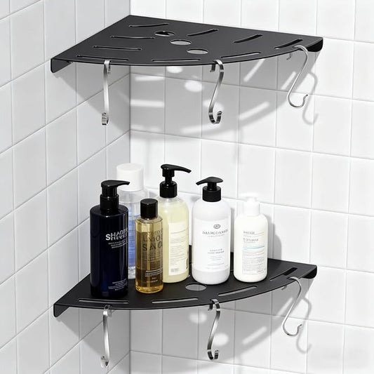 Shower Corner Shelf 304 Stainless Steel Shower Caddy 2 Tier Shower Organizer Niche with Extra 6 Hangers Shelves 40 lbs Large Capacity Shower Shelf for Inside Anti-Rust Drilling Installation(Black)