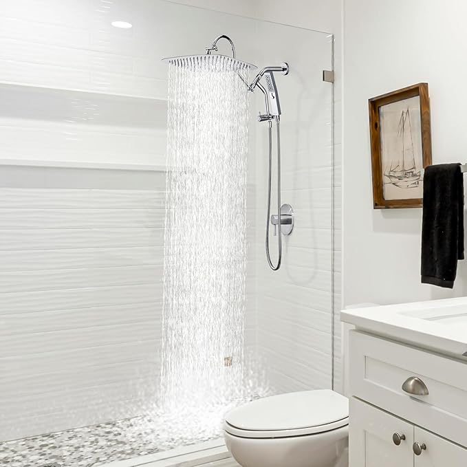 G-Promise All Metal 14 Inch Shower Head with Massage Mode Handheld, Rain Shower Head with Handheld Spray Combo, 3-Way Diverter with Pause Setting, 13 Inch Adjustable Extension Arm (Polished Chrome)