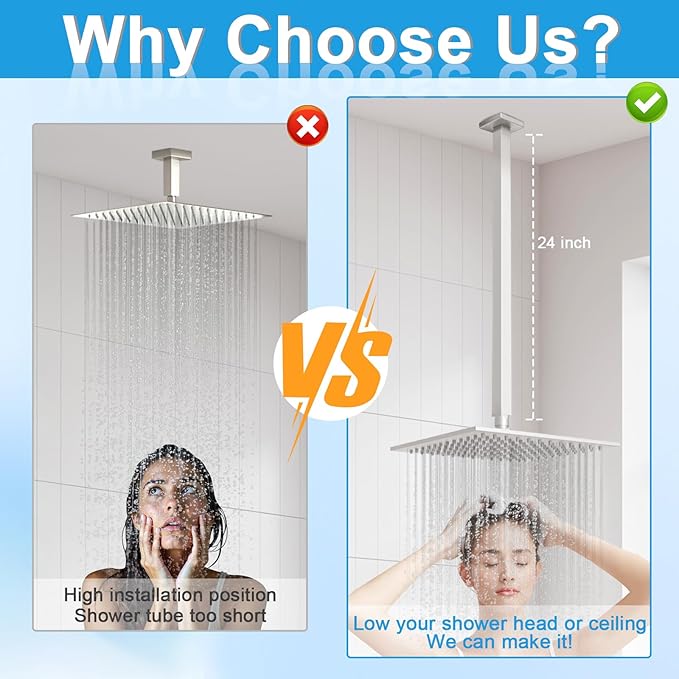 Shower Arm with Flange 24 Inches Ceiling Mount Square Straight Extender Extension Pipe Replacement, Extra Long Shower Arm For Fixed Rain Shower Head or High Ceiling, Brushed Nickel