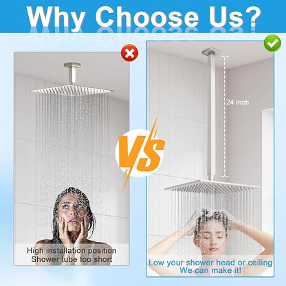 Shower Arm with Flange 24 Inches Ceiling Mount Square Straight Extender Extension Pipe Replacement, Extra Long Shower Arm For Fixed Rain Shower Head or High Ceiling, Brushed Nickel