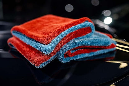 Autofiber Dreadnought Max Triple Layer Microfiber Car Drying Towel, Twist Pile and 1400GSM, Pack of 2 (16 inch x 16 inch) Blue/Red