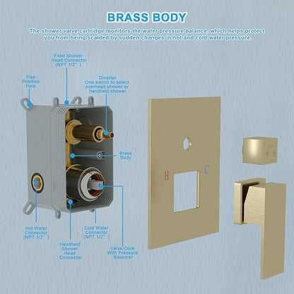 Lordear Rain Shower System Wall Mounted Shower Faucet Set with 8 Inch Stainless Steel Shower Head Handle Set and Solid Brass Valve, Brushed Gold Finish