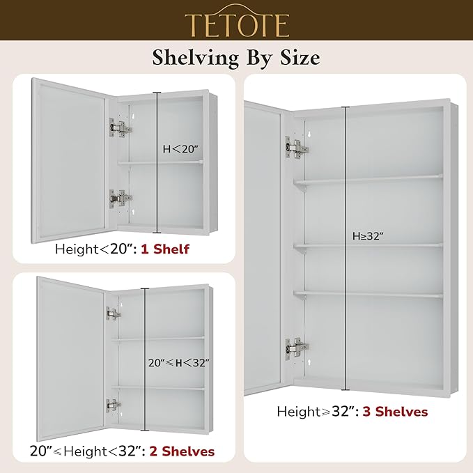 TETOTE 20 x 28 Bathroom Mirror Cabinet with Tempered Beveled Mirror White Medicine Cabinet Aluminum Cabinet DTC Hinges, Stepless Adjustable Shelves, Recessed/Surface-Mounted