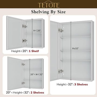 TETOTE 20 x 28 Bathroom Mirror Cabinet with Tempered Beveled Mirror White Medicine Cabinet Aluminum Cabinet DTC Hinges, Stepless Adjustable Shelves, Recessed/Surface-Mounted